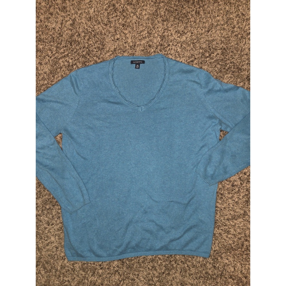 Lands' End Women's XL Blue V-Neck Cotton Cashmere Blend Knit Sweater Size 18-20